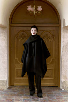 Preekend 100% Virgin Wool Reversible Black Scarf One Piece Cape Coat