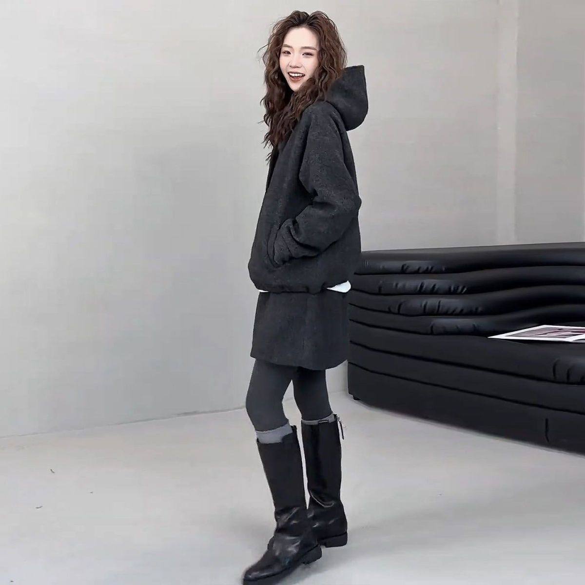 巨好看两件套冬装小个子韩系时尚休闲毛呢连帽卫衣半身裙套装女,淘宝优惠券,粉丝福利购,淘宝优惠卷