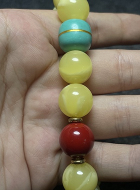 古玩锦盒内优化二代琥珀蜜蜡圆珠手链老蜜蜡原石手串手串