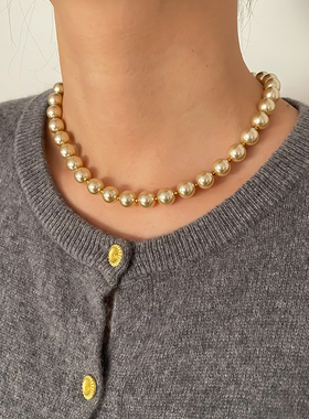 YGL高级感高光正圆珍珠项链元宝扣精致轻奢复古锁骨链简约百搭新