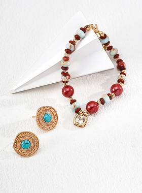 S925银镀18K金寿山石朱砂红石锆石手链轻奢时尚饰品