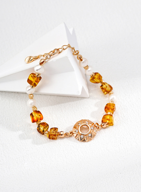 S925银镀18K金天然琥珀珍珠手链女款2025新款轻奢小众气质手串