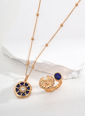 S925纯银镀18K金时尚青金石戒指轻奢小众精品女款指环