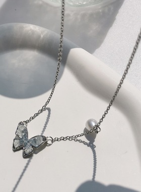 碎冰蓝蝴蝶项链珍珠钛钢链条甜酷风配饰锁骨链高级感精致气质饰品