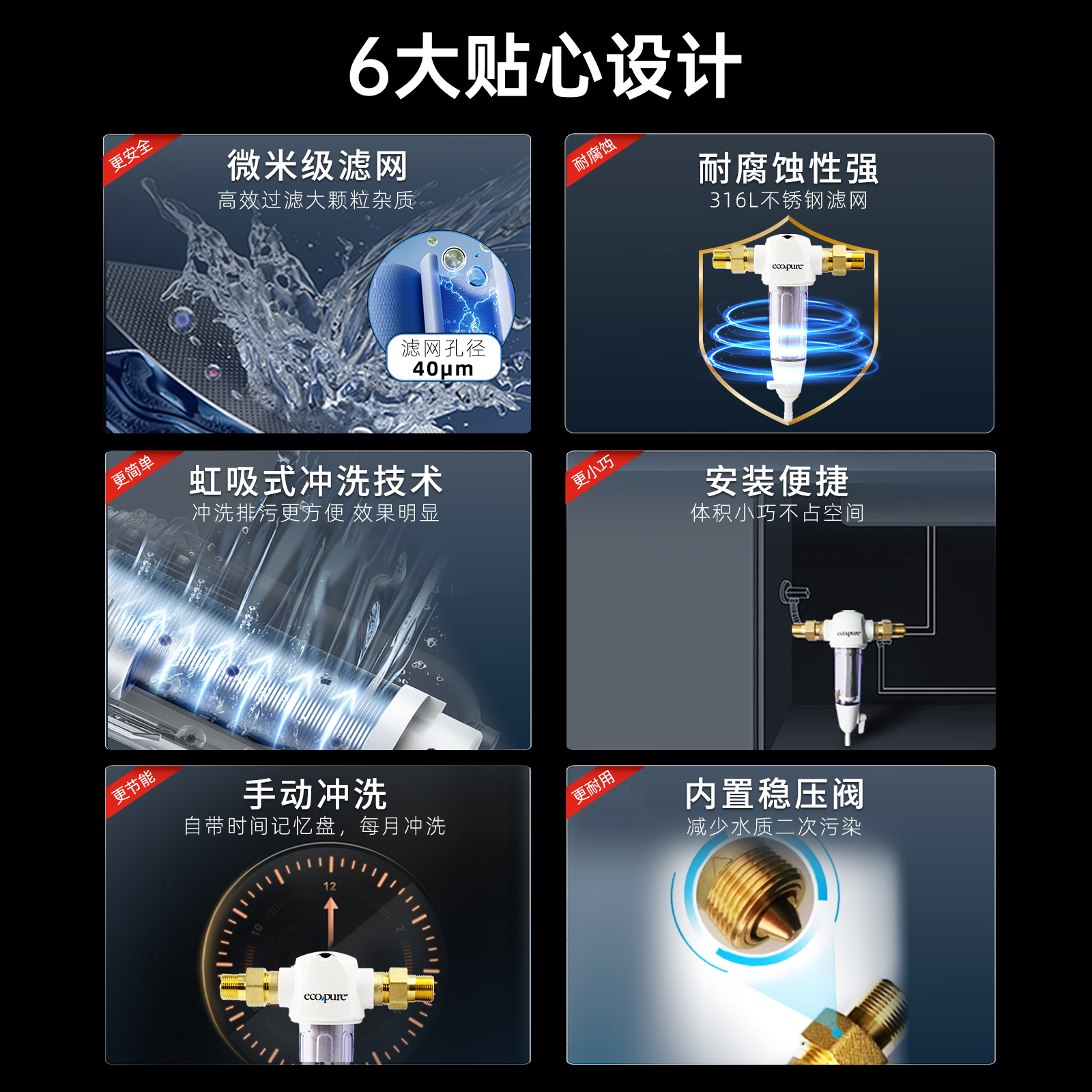 怡口 怡可飘不锈钢40微米前置过滤器自来水全屋净水器EPSF01 2吨