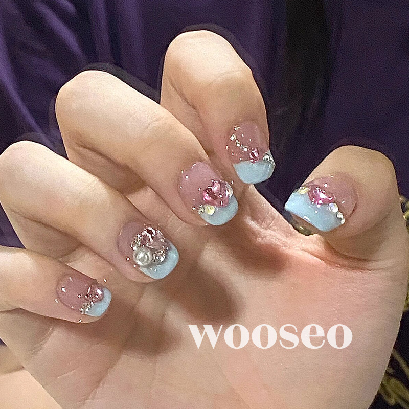 蓝色美甲穿戴甲短款高级感纯手工定制短戴甲2025新款法式指甲贴片 - 图0