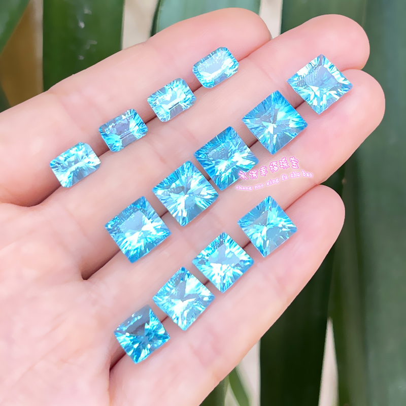 天然托帕石裸石戒面 千禧工方形8MM9MM 长方6*8瑞士蓝托帕石原石 - 图1