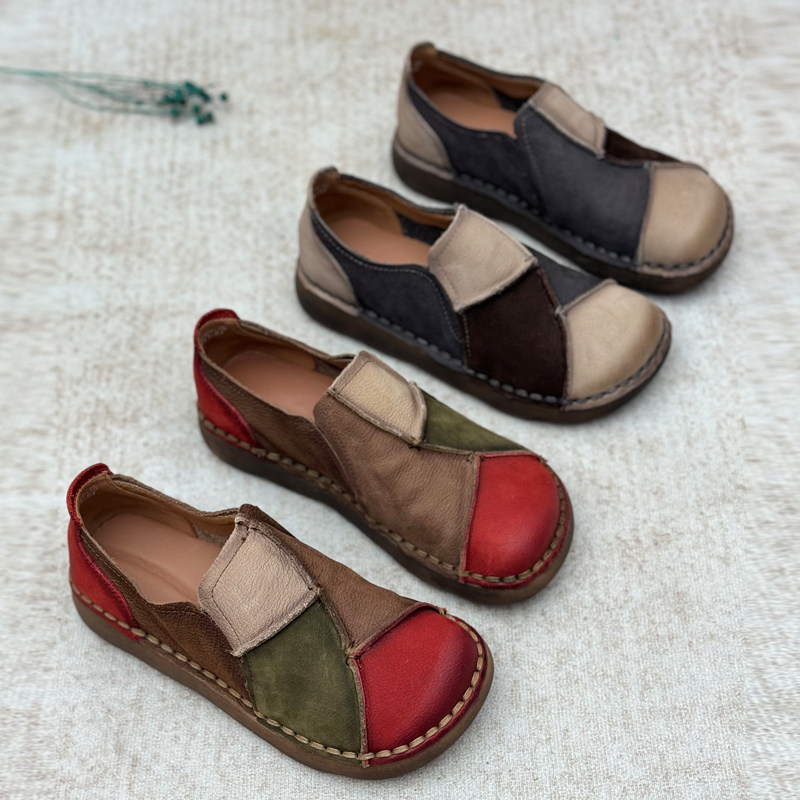 丑乐复古手工真皮拼色乐福鞋女一脚蹬软底女鞋子平底休闲鞋豆豆鞋,淘宝优惠券,粉丝福利购,淘宝优惠卷