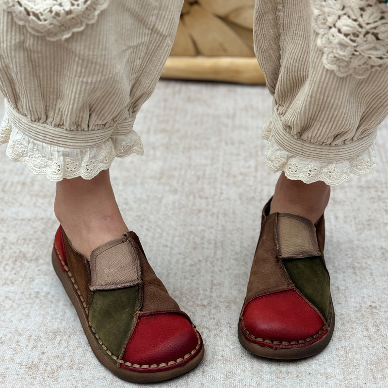 丑乐复古手工真皮拼色乐福鞋女一脚蹬软底女鞋子平底休闲鞋豆豆鞋,淘宝优惠券,粉丝福利购,淘宝优惠卷
