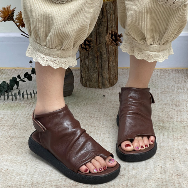 Retro thick-soled women's sandals new summer genuine leather women's shoes handmade low-heeled versatile soft-soled high-top Roman sandals trendy