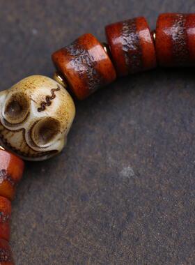 藏传回流牦牛骨桶珠手串单圈老料牛皮擦擦大黑天吊坠料器松石配饰