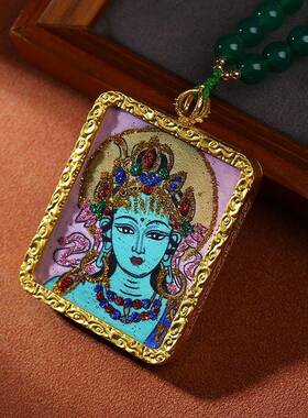 藏传文玩绿度母唐卡吊坠琉璃编绳款手工制作民族风唐卡吊坠项链