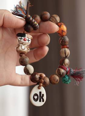 原创设计贡木沉香妖花手链搭配鹿角根付小丑坨骨ok牌琉璃桶珠手串