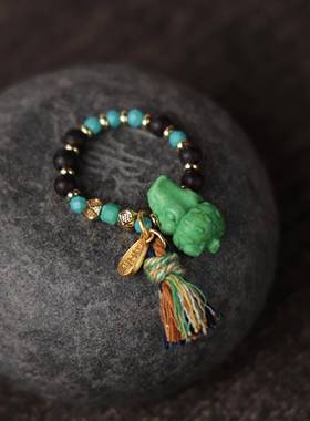 根付鳄鱼戒指搭配天然降真香菱镁矿刻面珠文玩配件跑环滴流戒指