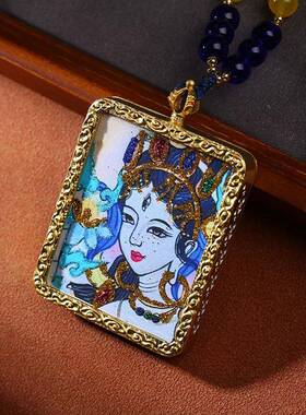 藏式文玩白度母唐卡挂饰琉璃编绳款民族风手工制作唐卡吊坠项链