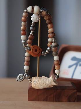 原创手作文玩手串复古风木质多宝串珠手绳配饰男女款手工个性手链