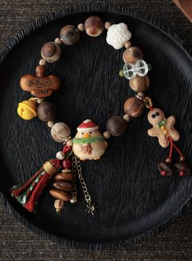 原创设计贡木沉香手串搭配鹿角根付圣诞鸭桃木葫芦文玩时尚配饰品