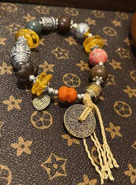 原创天然琥珀蜜蜡沉香手炼搭配欧珀大漆山西手工錾银