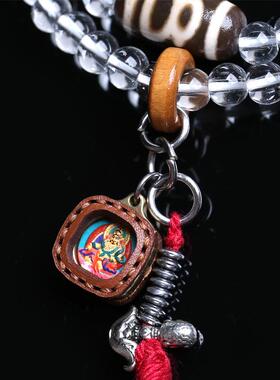 藏式文玩天然琉璃双圈手链财神天珠桃木跑圈黄财神擦擦吊坠配饰