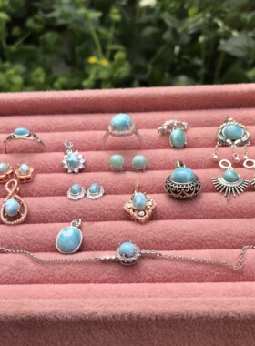 #s925银新品天然海纹石拉利玛镶嵌成品戒指/吊坠/耳钉耳钩/手链