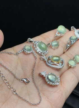 #s925 银新品天然葡萄石椭圆/方形镶嵌成品戒指吊坠耳钉耳钩手链