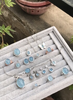 #s925银新品棉裂体天然海蓝宝镶嵌成品戒指/吊坠/耳钉耳勾手链等