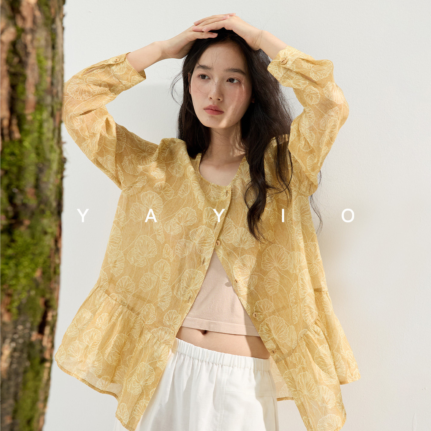 YAYIO【原生麻感】100%超细苎麻轻柔黄色花料宽松防晒上衣女