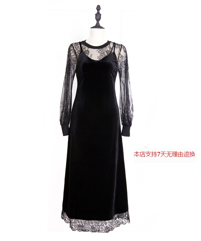 【地球店】丝绒连衣裙新款高端设计感小众蕾丝混搭三件套连衣裙 - 图3