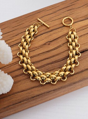 百搭镀金环扣粗链条项链手链套装