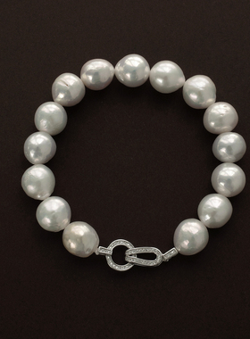 【CnHnOn脂肪商店】天然近正圆爱迪生珍珠巴洛克s925银马蹄钻手链