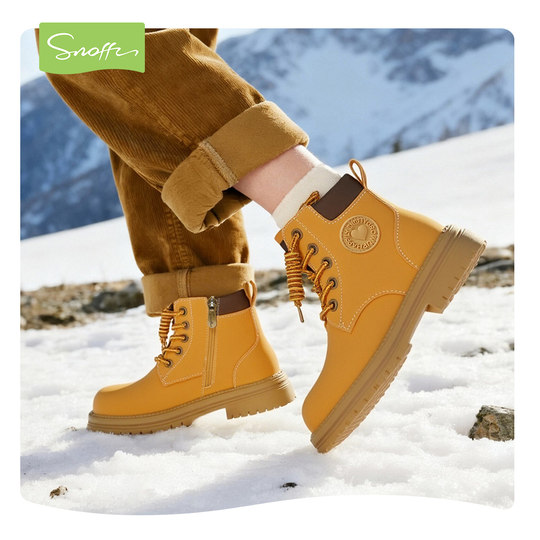 工装风｜斯纳菲女童马丁靴秋冬款户外黄色加绒小女孩公主保暖短靴