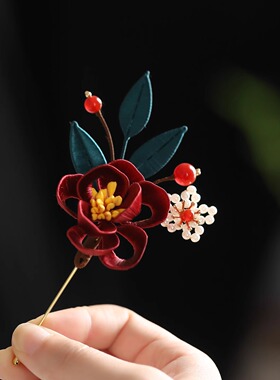 复古红色山茶花手工缠花胸针女款古典胸花结婚喜庆别针旗袍国风女