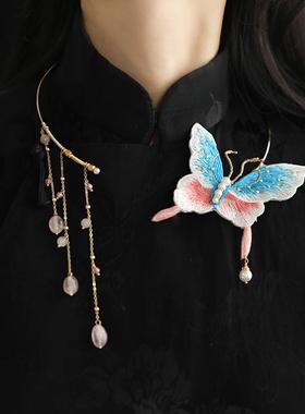 项链配饰女秋冬小众设计感刺绣蝴蝶璎珞古风汉服开口项圈配饰流苏