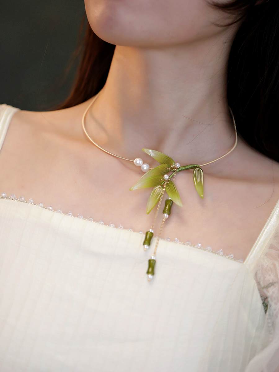 项链女2022年新款古风竹叶流苏项圈女璎珞汉服配饰设计感小众脖圈 - 图1