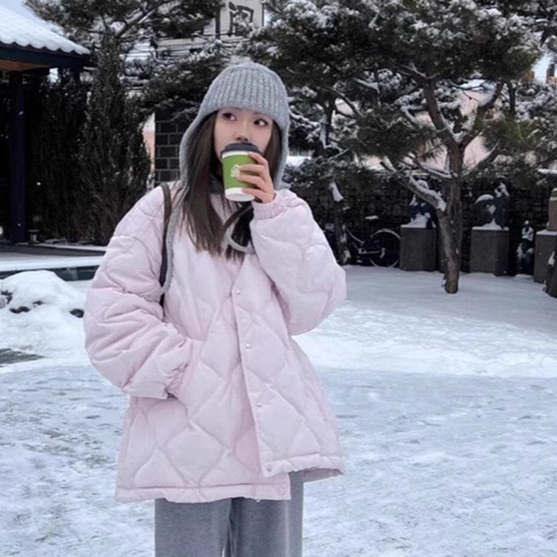 淡淡紫菱格羽绒棉服女装粉色冬季新款宽松短款棉袄小个子棉衣外套,淘宝优惠券,粉丝福利购,淘宝优惠卷