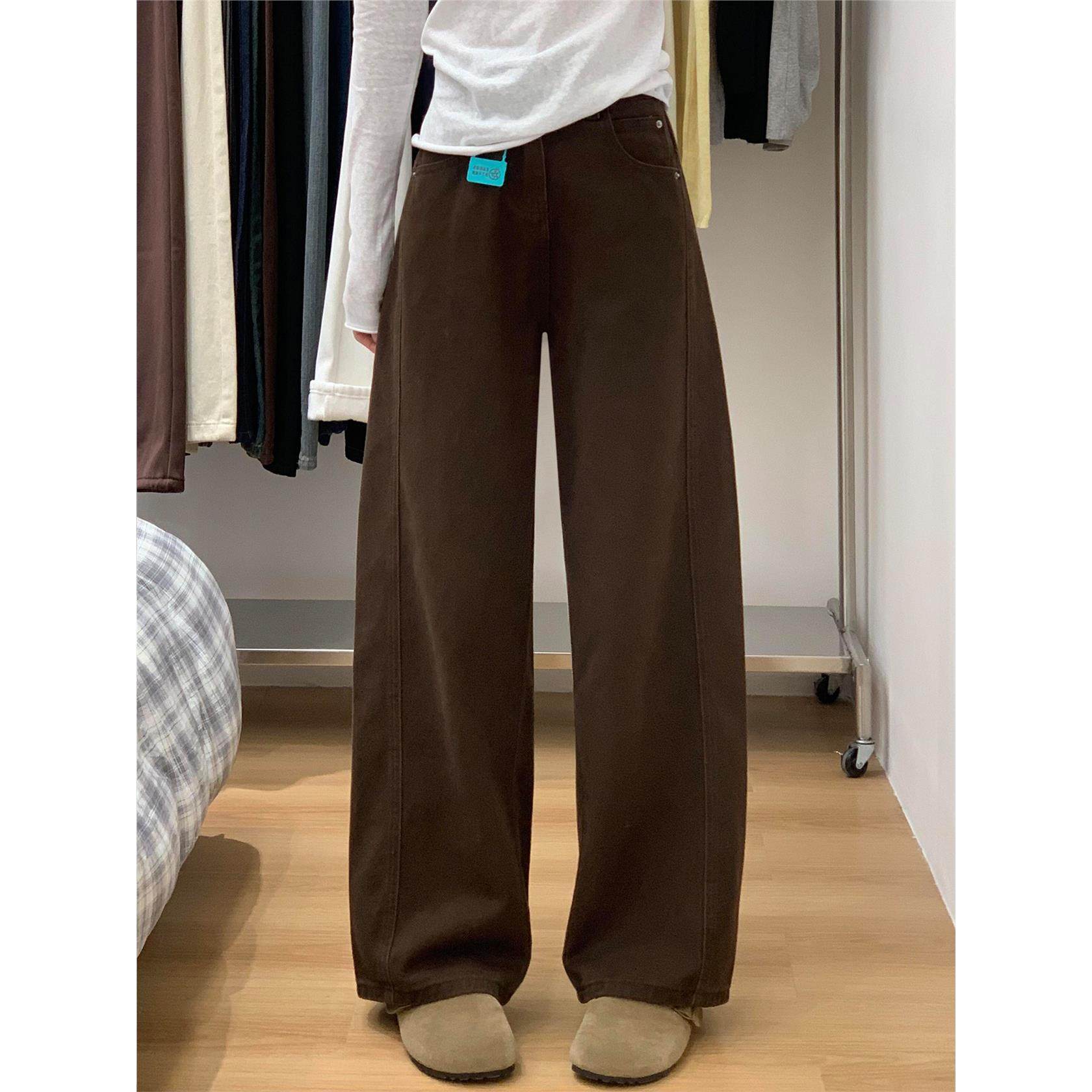 咖色阔腿牛仔裤女秋季新款胖妹妹梨型身材mm高腰宽松显瘦弯刀裤子,淘宝优惠券,粉丝福利购,淘宝优惠卷