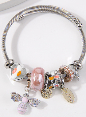 时尚简洁潘家百搭蜜蜂多元素挂坠女气质手镯0558