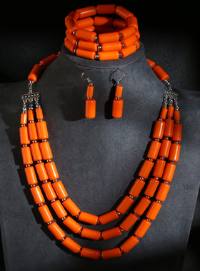 欧美时尚绚丽多层珠百搭气质女士项链耳环手链组合三角套套装0522