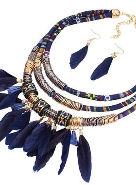 高档多层合金羽毛流苏项链耳环