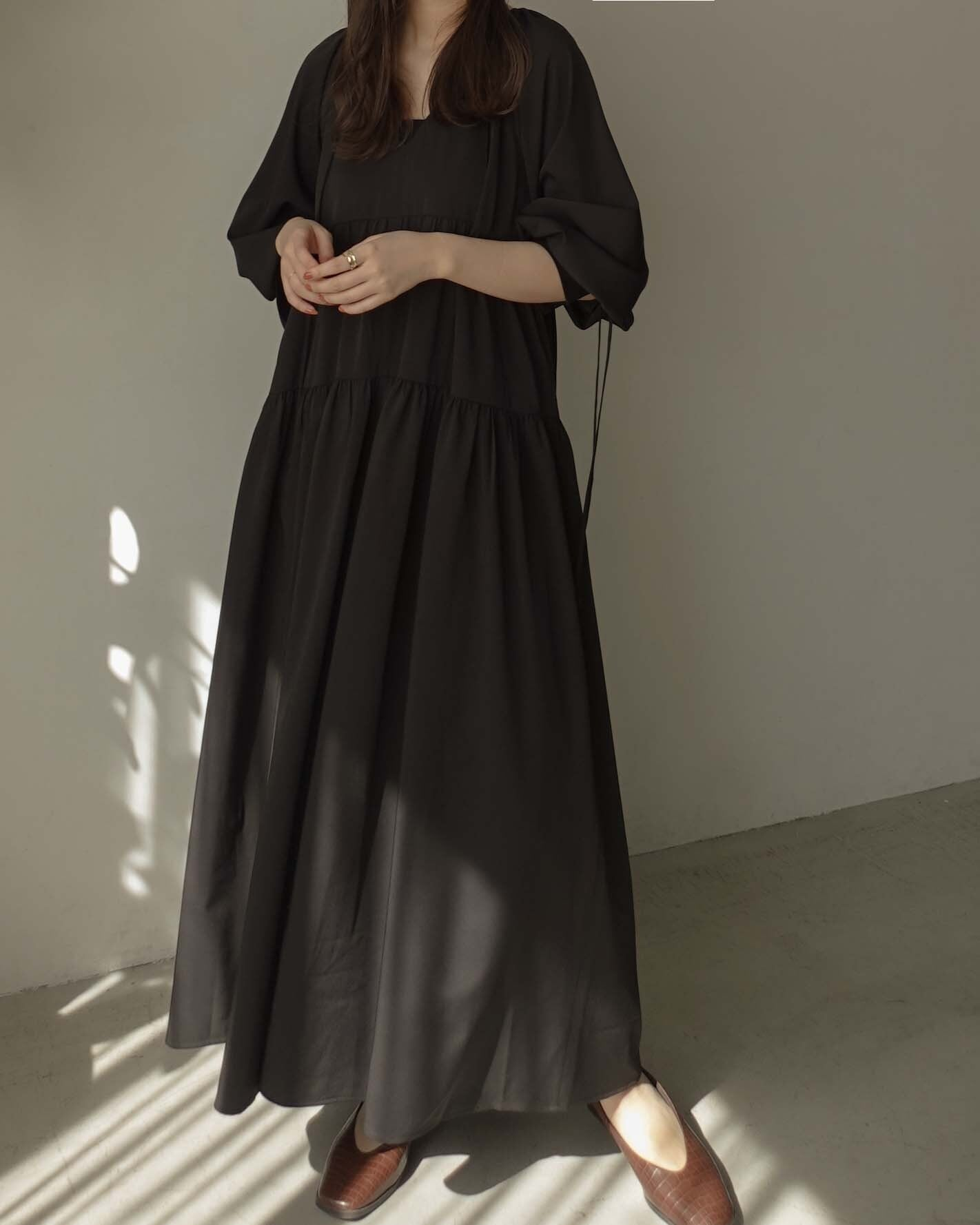 日单原单2023春夏新淡色甜美前后两穿拼接系带宽松大摆长袖连衣裙 - 图0