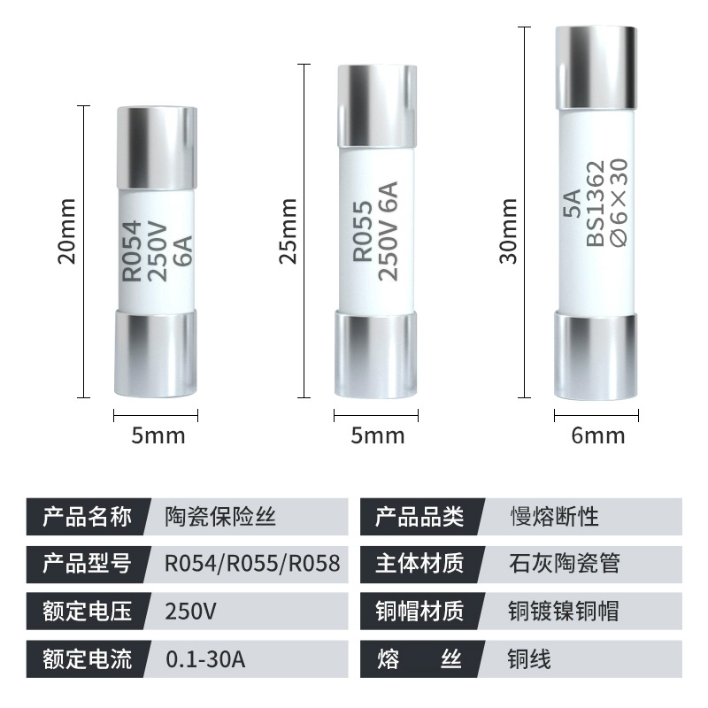 RO55 R054 R058陶瓷保险丝管5X25熔断器熔芯6x30 1A2A5A6A10A20A - 图2