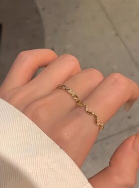 金色条纹戒指2件套网红冷淡风戒指小众设计素圈指环开口情侣款戒