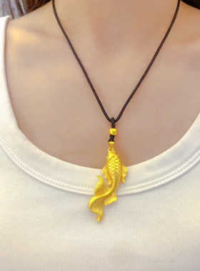 大鱼海棠福泽锦鲤鱼金色吊坠项链男女金鱼毛衣链黑绳百搭气质配饰