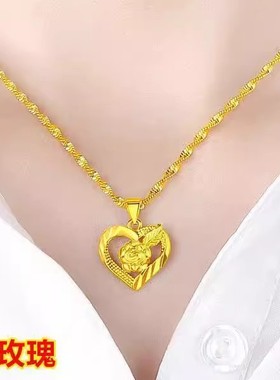 金色爱心项链黄色玫瑰花吊坠