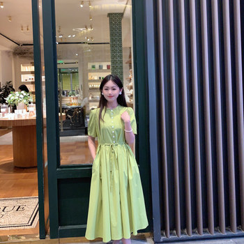 Xiaoxiaojia ຂະຫນາດນ້ອຍຂະຫນາດນ້ອຍ Summer Round Neck Dress Avocado Green First Love Fairy Dress Shirt Dress 150xs