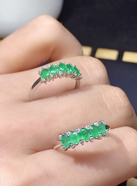 925银镀白金天然祖母绿戒指