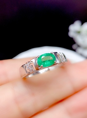 活圈925纯银镀白金祖母绿戒指