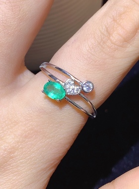 925银镀白金天然祖母绿戒指