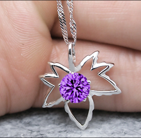 风情925银八心八箭瑞士锆钻枫叶坠+银项链 清仓甩卖