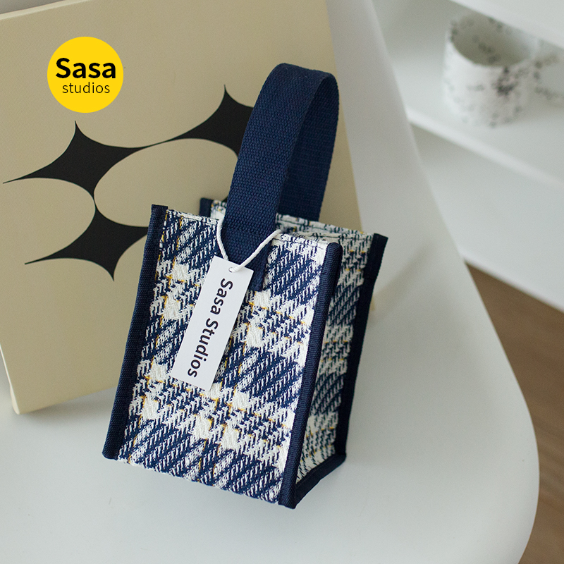 经典中古千鸟格纹手提包便携大容量小方包休闲百搭防水手拎袋帆布 - 图0